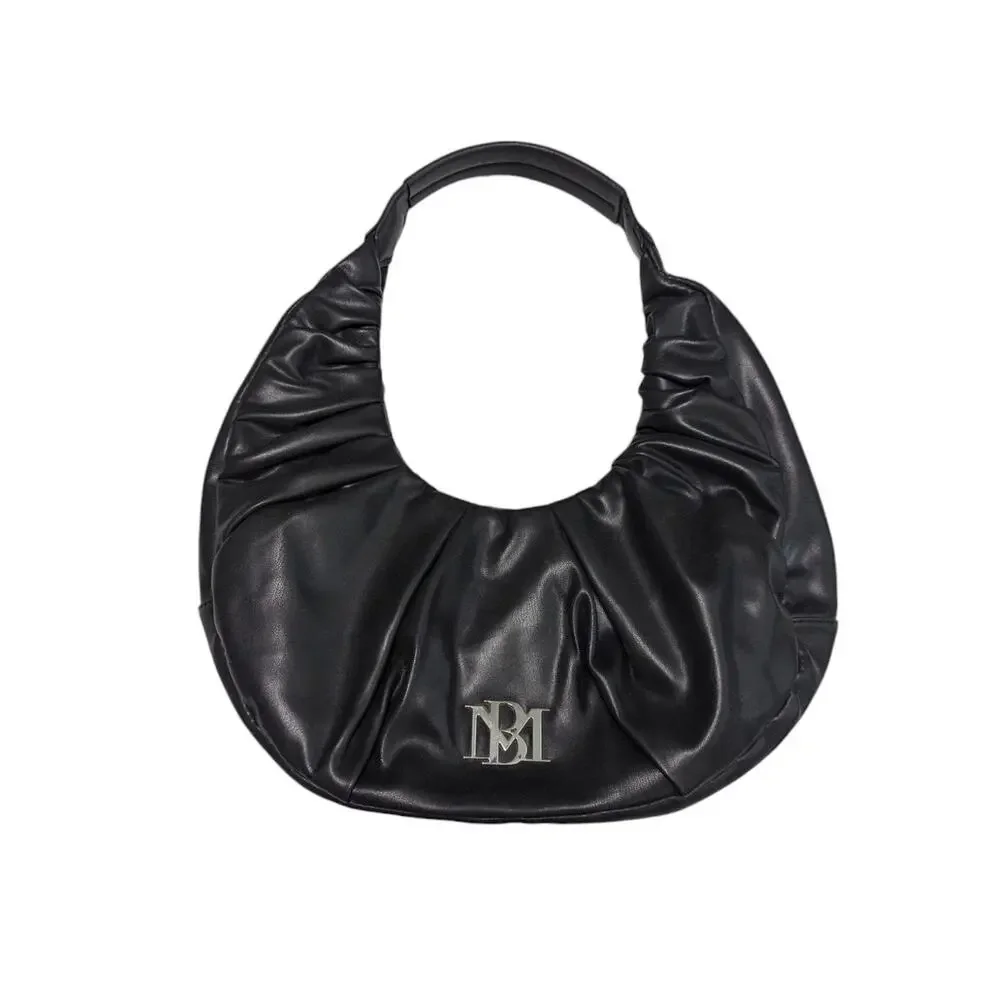 Badgley Mischka Pleated Shoulder Bag Hobo Purse Vegan Leather Black Half Moon
